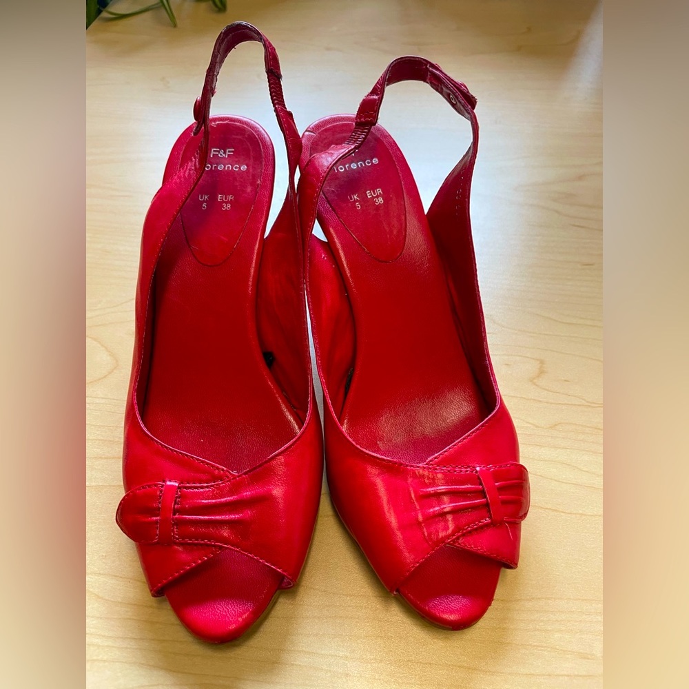 Red leather Slingbacks with wood stack heel